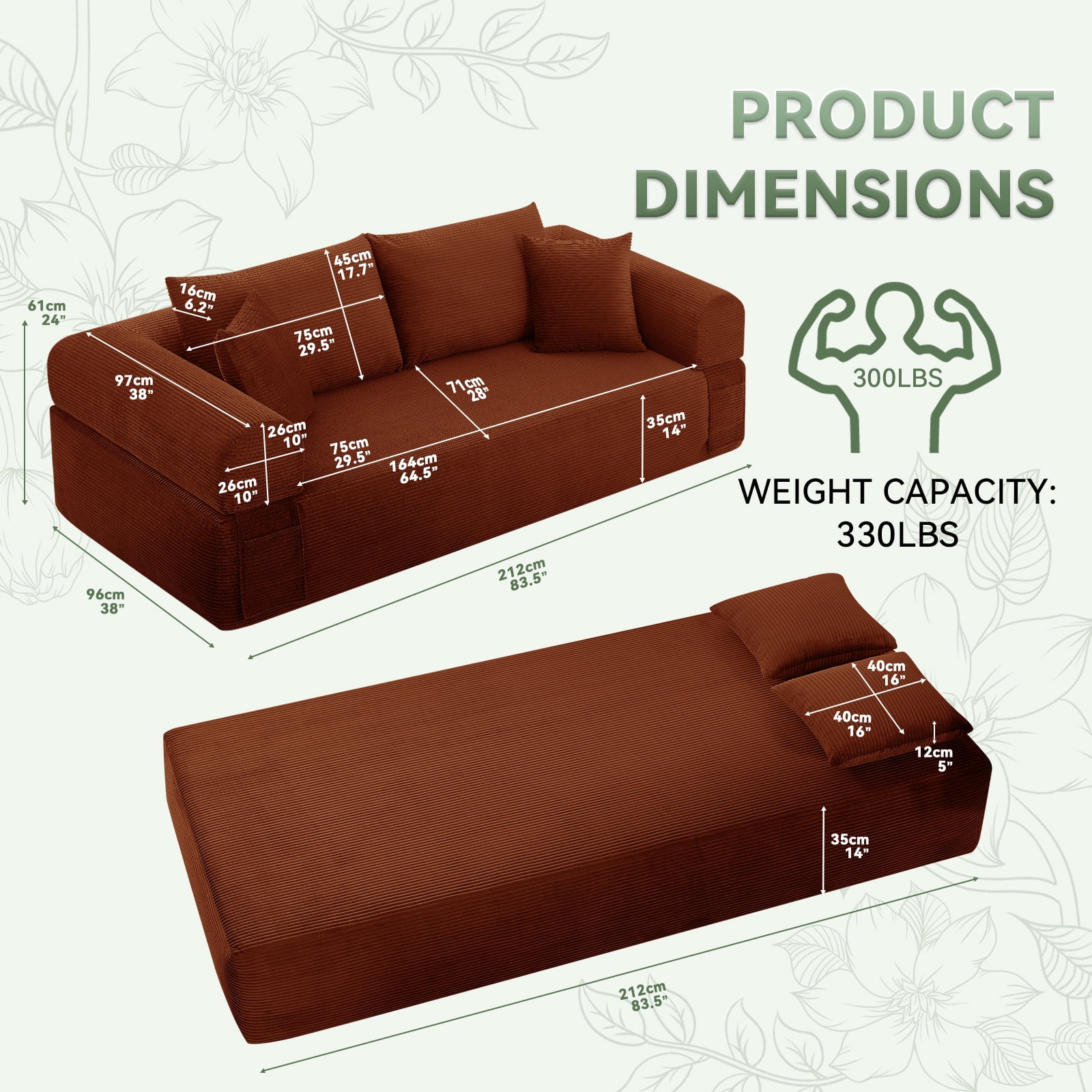 83" Seater Sofa Bed Couch with 4 Furry Pillows & Corduroy Fabric, No Assembly Sofa in a Box, Boneless Couch with Side Storage Pockets for Living Room, Bedroom, Office