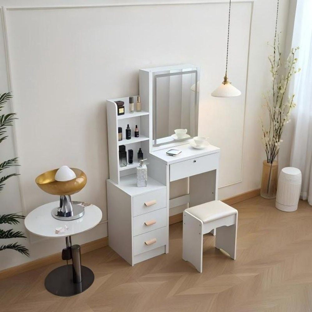 3 in 1 Vanity Desk with Mirror And Lights, Small Vanity Desk Set with Visible Glass Tabletop, 3 Drawers, Storage Bench, 3 Color Lighting Mirror, Suitable for Bedroom Small Vanity Desk
