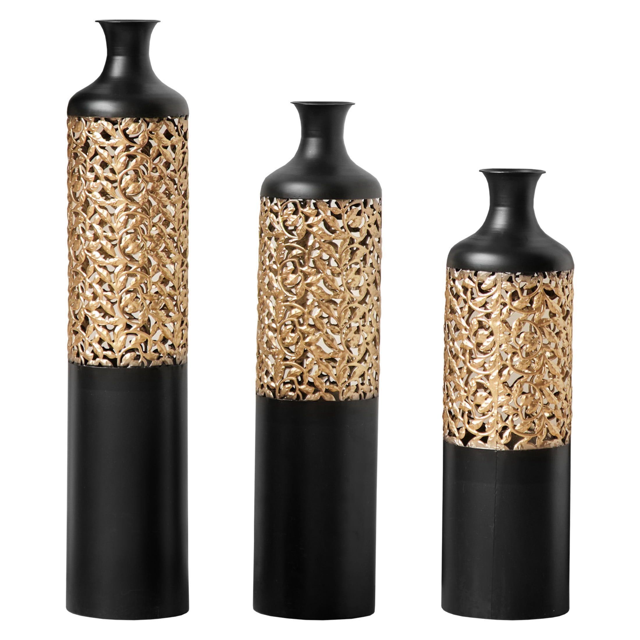 Noble House 20.8", 24.8", 28.7" Metal Floor Vase Set of 3, Cutout Geometric Vases, Black+Gold