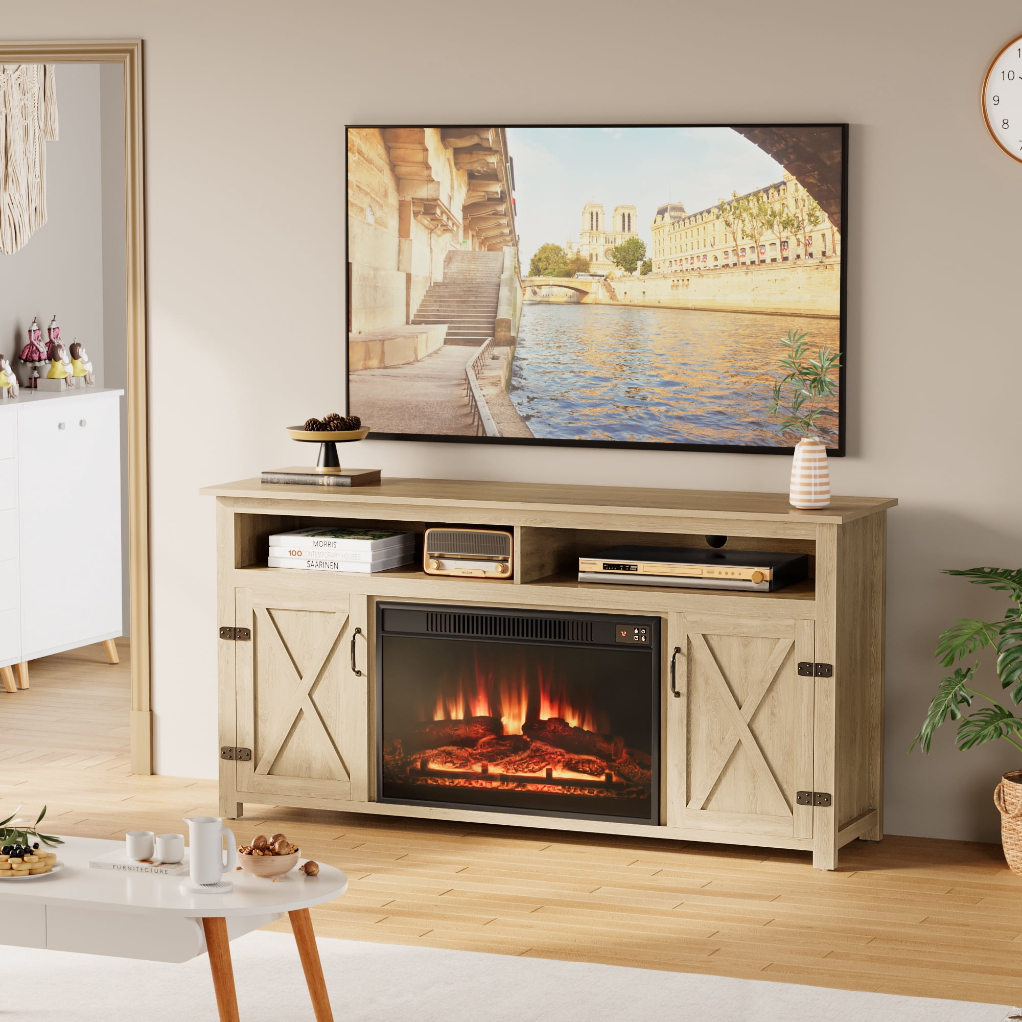 Homall Rustic 65" Television Stand with Electric Fireplace & 2 Shelves, Wood Oaken, 15.1'' W