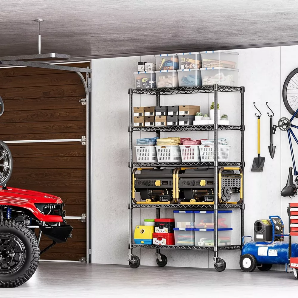 Sailvan 46"W 5-Tier Metal Wire Shelving Unit with Wheels, 1000LBS Heavy Duty Storage Shelves for Garage Kitchen Pantry, 18"Dx46"Wx72"H,Silver