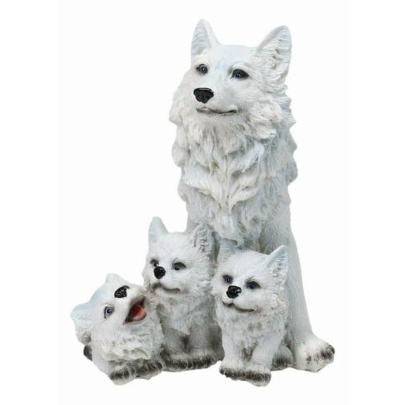 Winter Snow White Wolf Mother Sitting with 3 Adorable Cubs Family Figurine Decor