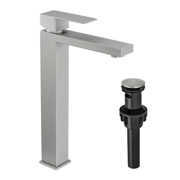 JERFIT Modern Single Handle Bathroom Sink Faucet with Pop-Up Drain, Brushed Nickel Waterfall Vessel Vanity Basin Faucet for Bathroom
