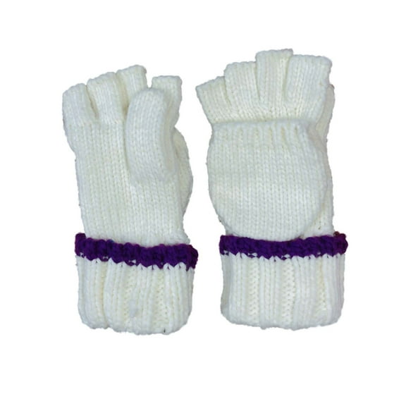 Isotoner Womens Ivory & Purple Knit Fingerless Convertible Flip Gloves Mittens
