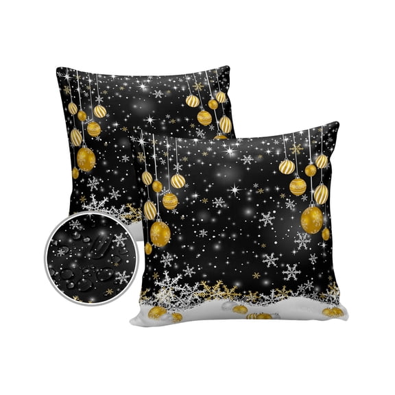 Pack of 2 Outdoor Pillow Covers, Gold Christmas Balls Winter Snowflake Black Waterproof Square Throw Pillowcase Cushion Decorative Pillow Covers for Couch Patio Tent, 16x16 in