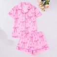 thumbnail image 2 of Women’s 2‑Piece Pjs Set All Over Bow Heart Pattern Button Down Notch Collar Short Sleeve Top Elastic Waist Shorts with Chest Pocket Soft Comfy Relaxed Fit Summer Nightwear Loungewear Pink S, 2 of 9