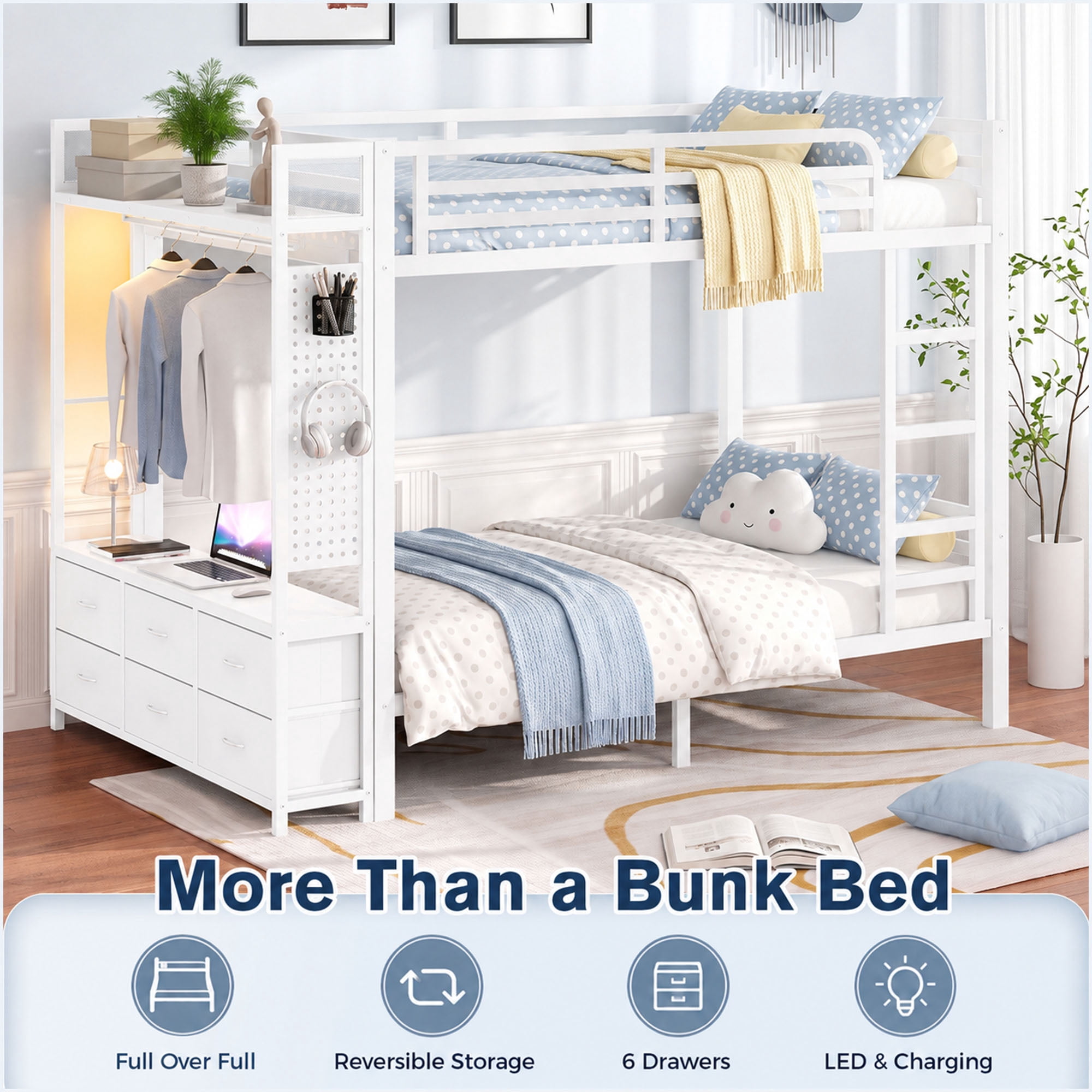 Miniyam Full Over Full Metal Bunk Bed with 6 Storage Drawers, LED Light and Charging Station,White
