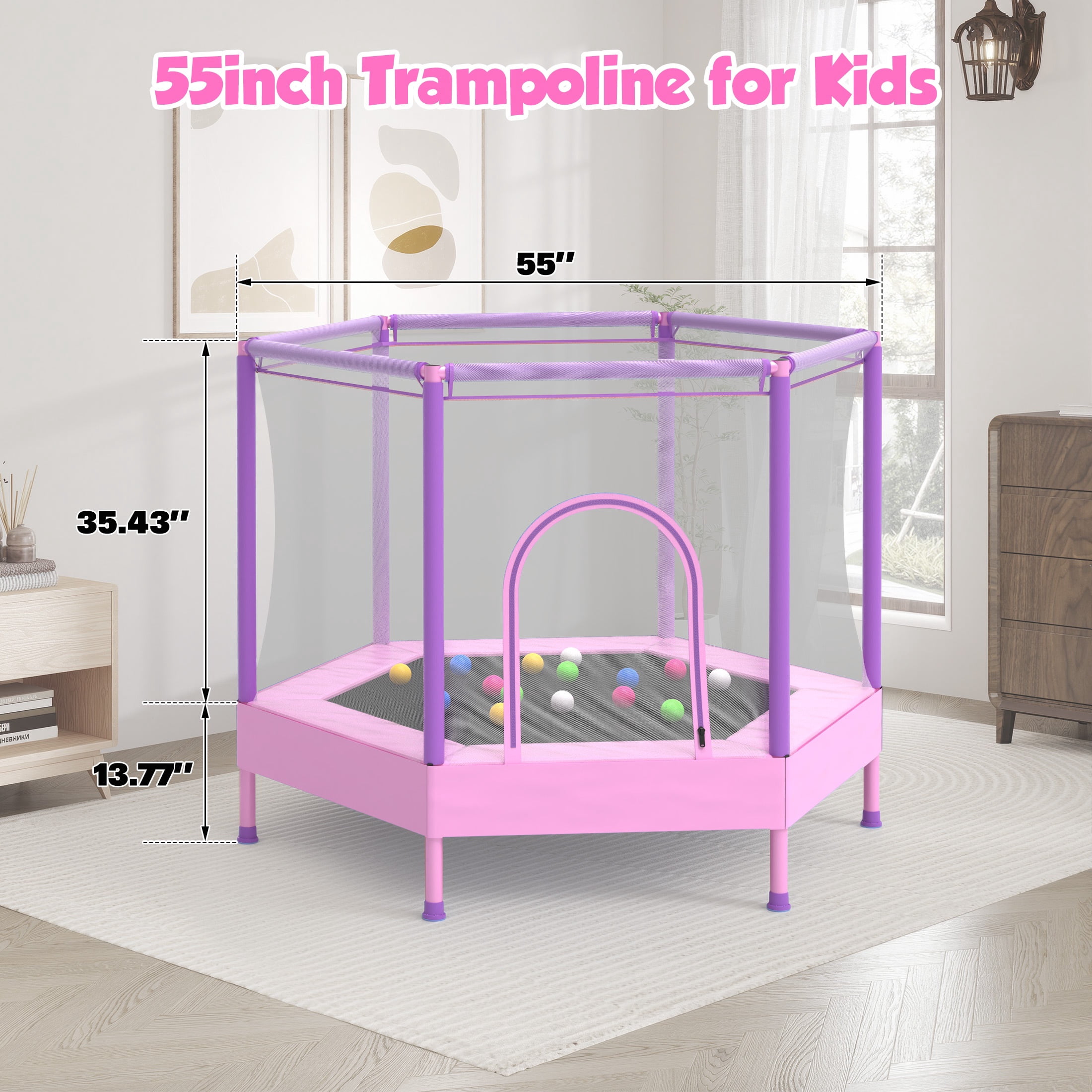 Mini Trampoline for Kids with Safety Enclosure Net, 55" Toddler Trampoline with No-Gap Safe Design, Segmart Recreational Trampolines for Birthday Gifts, Rebounder Trampoline with Ocean Balls