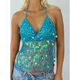 thumbnail image 2 of Women Y2K Sequin Halter Neck Crop Tops V Neck Glitter Cami Top Tie Up Back Sparkle Slim Tank Tops, 2 of 5