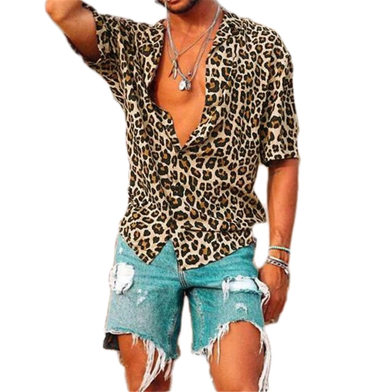 INCERUN Mens Short Sleeve Leopard Print 