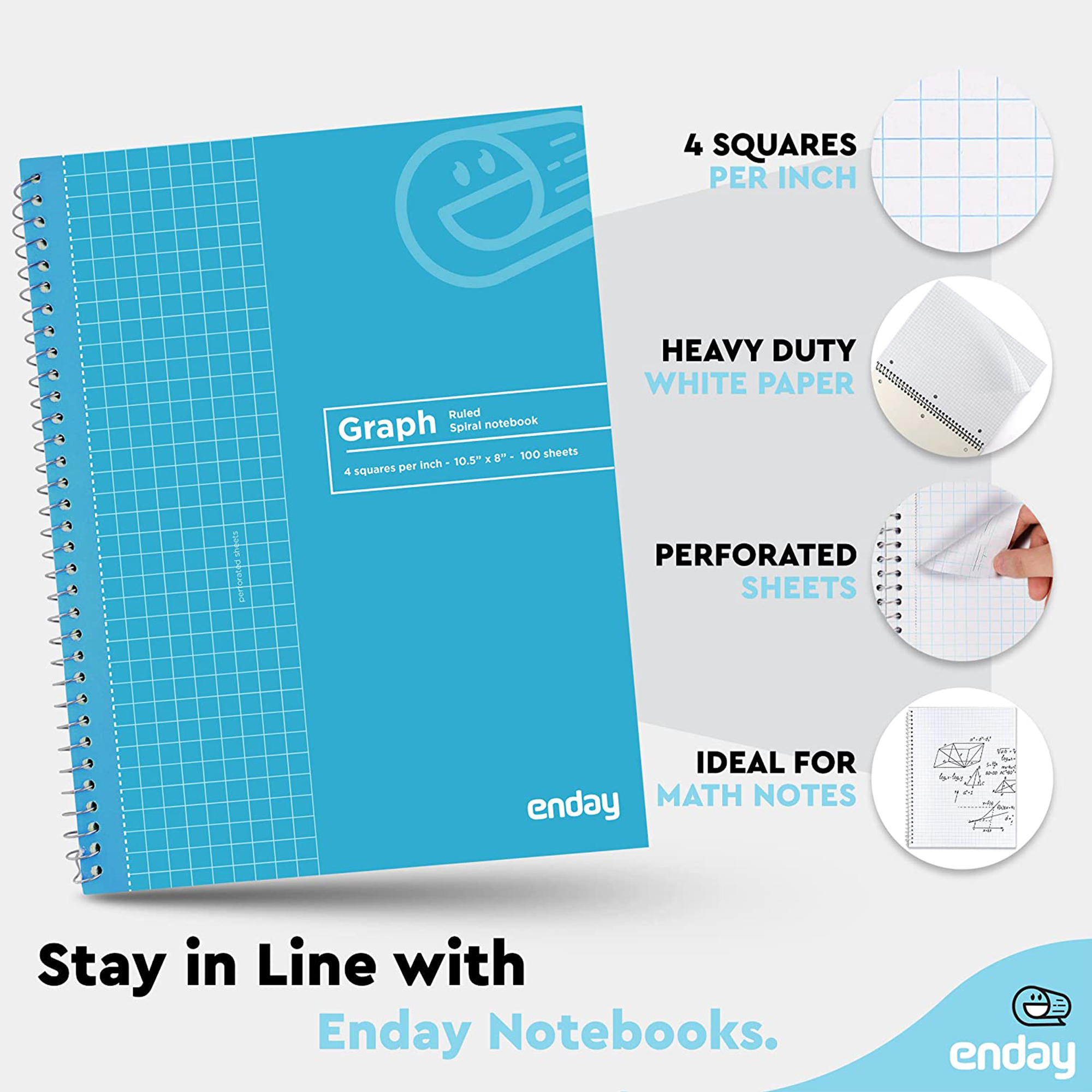 Emraw Graph Paper Notebook 100 Sheets Grid Spiral Bound Notebooks 8-Pack