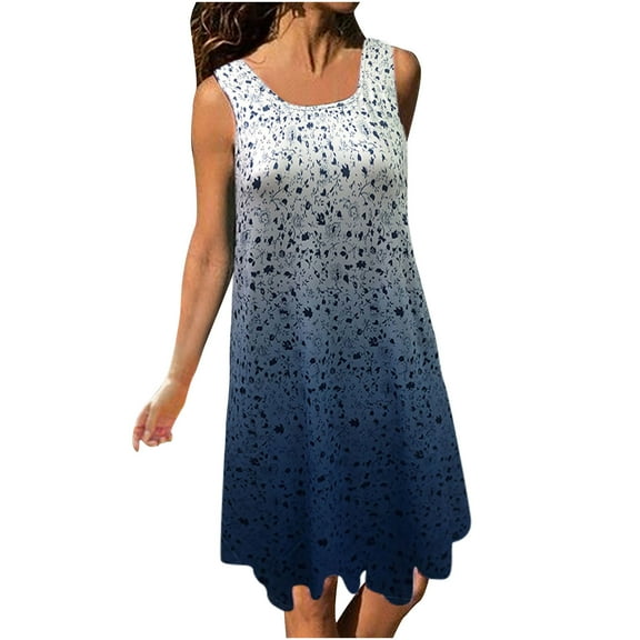 IROINNID Fit&Flare Dress For Women Regular Sleeveless Summer Casual Vest Dresses Round Neckline Print Dress