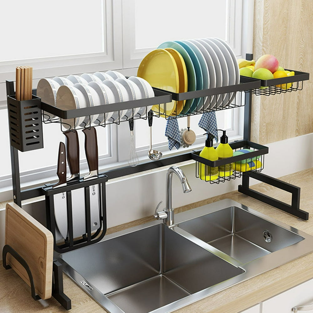 Over Sink Dish Drying Rack, 2 Cutlery Holders Drainer Shelf for Kitchen