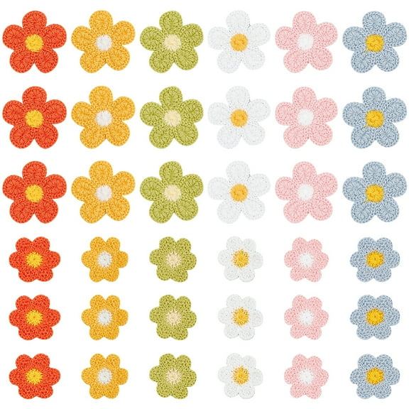 1Box 60Pcs 12 Style Flower Shape Two Tone Crochet Appliques Ployester Yarn Knitting Embroidered Embellishments for Bag Clothing Headbands Hats Pillow Mixed Color 35~50x35~50x1.5~3mm 5pcs/style