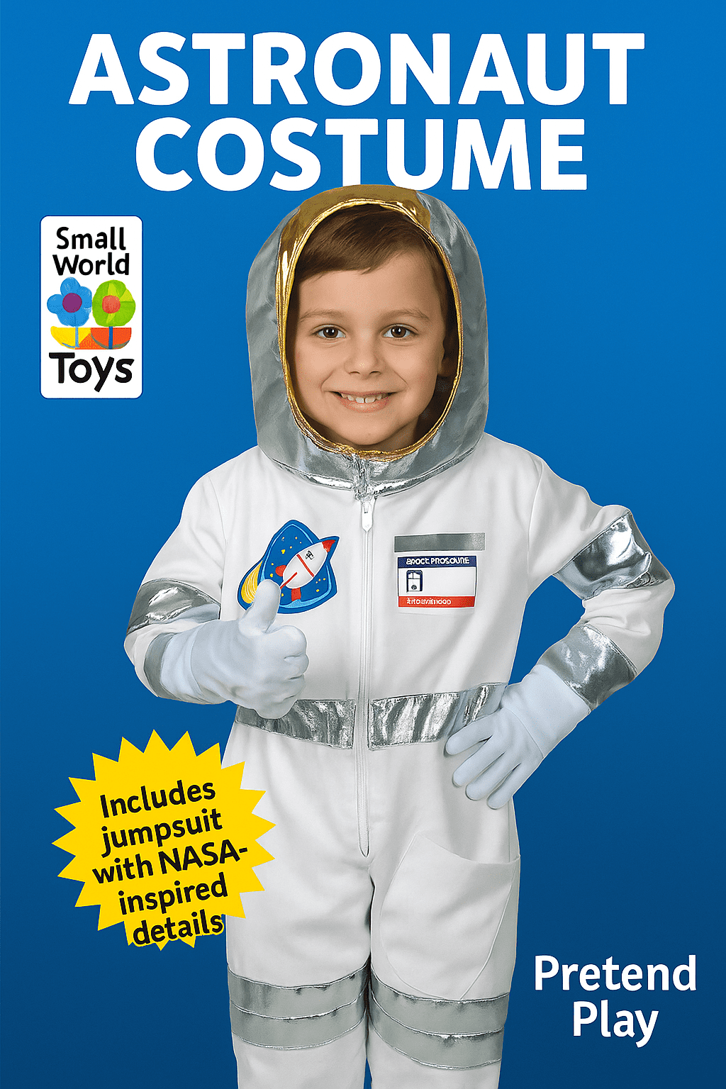 Small World Toys Astronaut Dress Up Costume for Kids, Space Explorer Role Play Outfit with Hood and Gloves, Pretend Play Costume, Ages 3+.