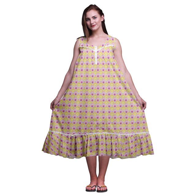 Bimba White33 Mandala Multicolore Mi-Mollet Vêtement de Nuit Femme Coton Imprimé Sans Manches Robe de Nuit Maxi Petite