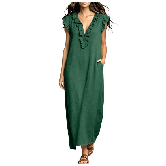 QGJZVUNL Flutter Sleeve Maxi Dresses for Women Summer Outfits Casual Ruffle V Neck Sleeveless Sundress Size XL
