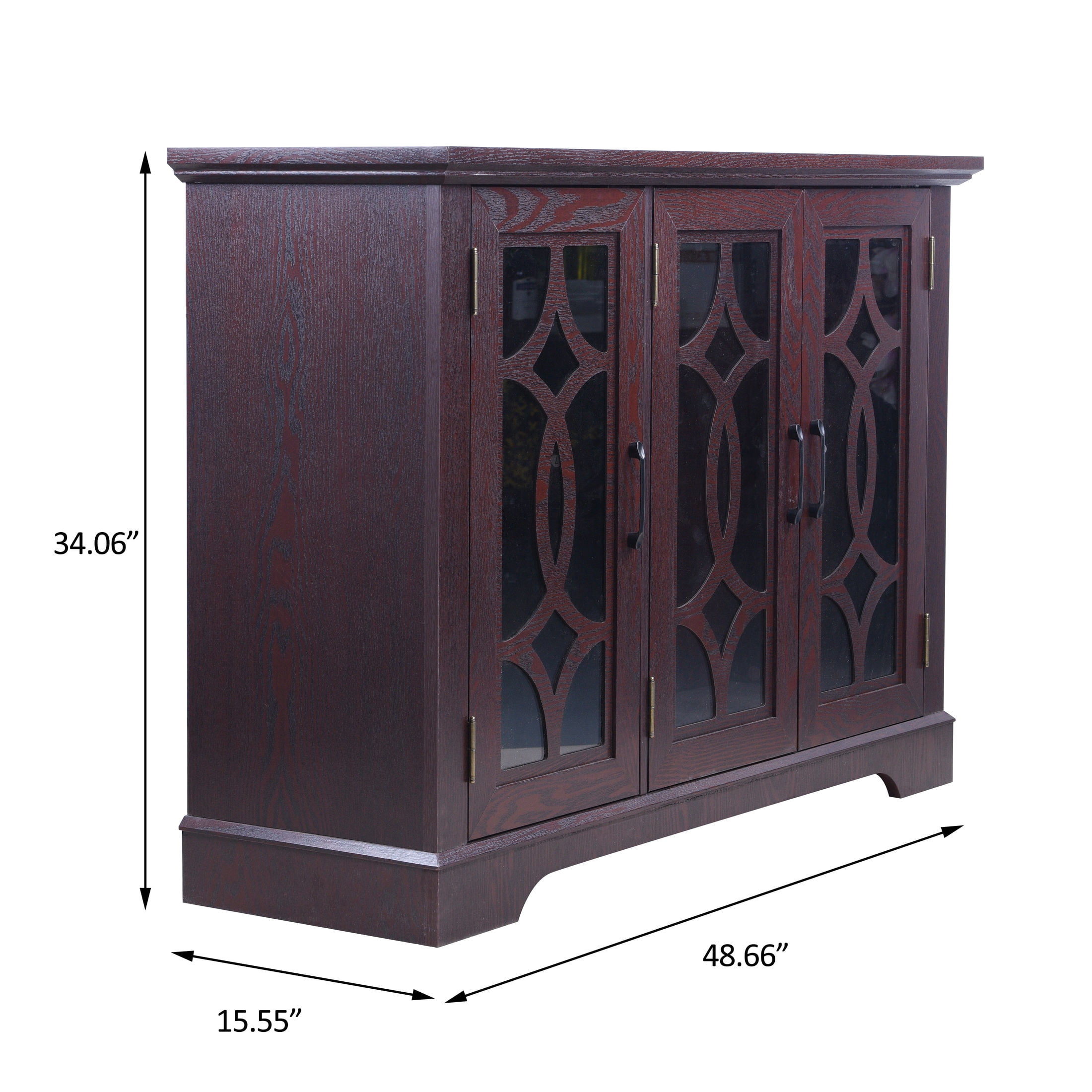GDF Studio Jevus 3-Door Tempered Glass Sideboard Cabinet, Rustic Storage Cupboard for Kitchen, Dining Room, Cherry