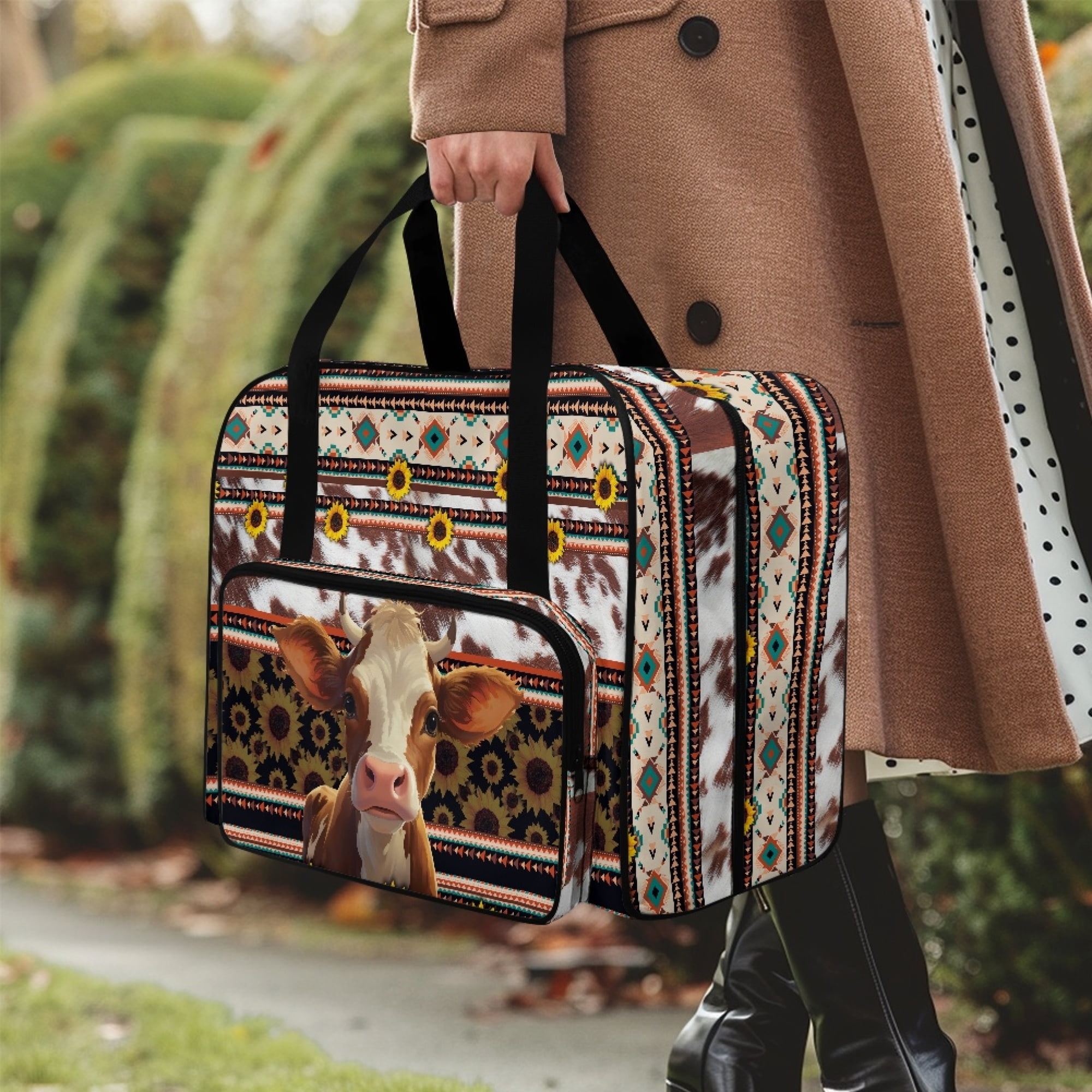 ZIATUBLE Aztec Ethnic Sewing Machine Tote Bag Sunflower Cow Traveling Bag with Zipper Cow Print Organizer Bag with Storage Pocket Sewing Machine Cabinets and Storage Organizer