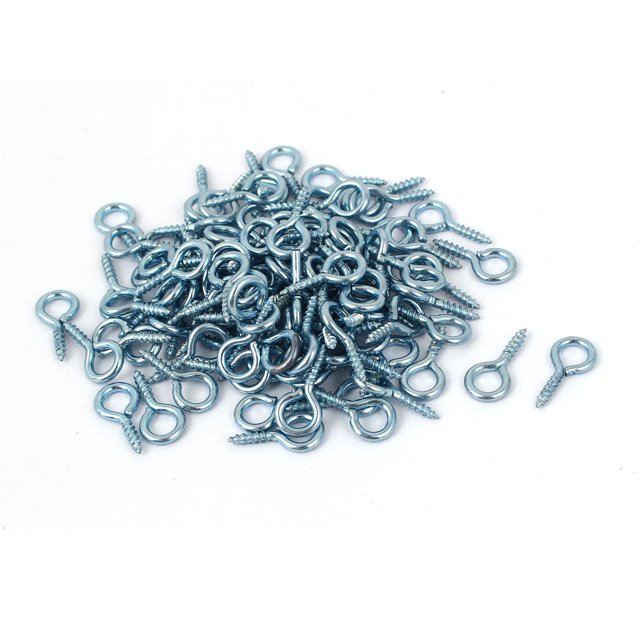 Unique Bargains Garden Vine Wire 1.7mm Thread Dia Eyelet Screw Eye Hook, a set of 100 pieces. These screw hooks feature a round end and sharp points for easy installation into wood. Ideal for hanging plants, mugs, towels, or kitchen utensils indoors or outdoors. Each hook measures 14mm in total length with an inner diameter of 4mm and an outer diameter of 7mm. Designed for light-duty applications, these hooks are suitable for walls or ceilings.