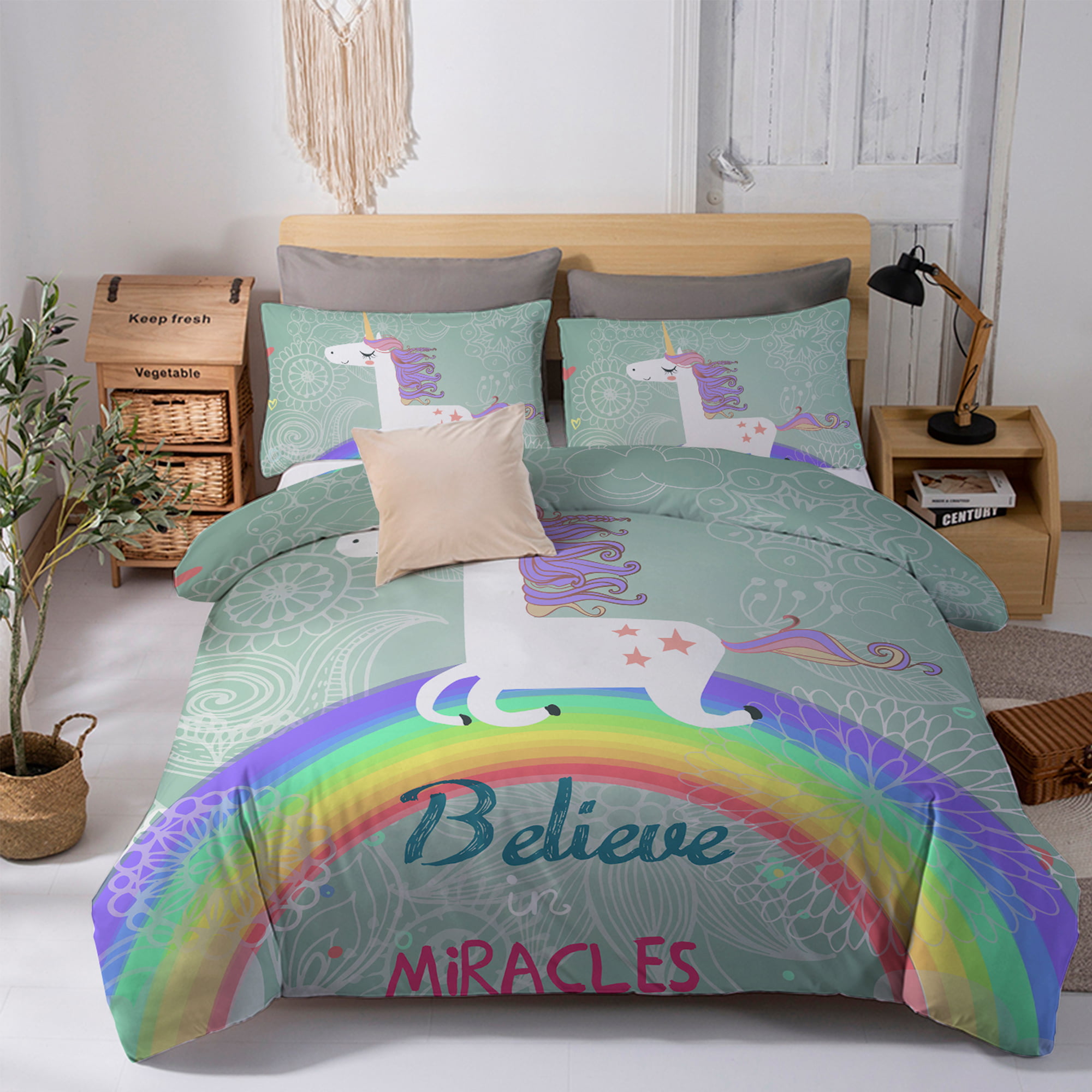 Kids Girls Duvet Cover Set Rainbow Eyelash Unicorn Print Quilt Comforter Covers 