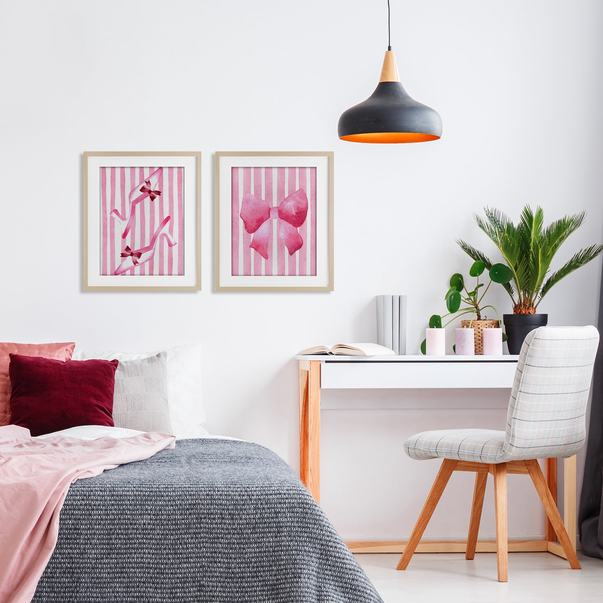 Stupell Industries Feminine Chic Bows Pink Stripes 2 Piece Birch Framed Print Under Glass Set, design by Camila Juncos