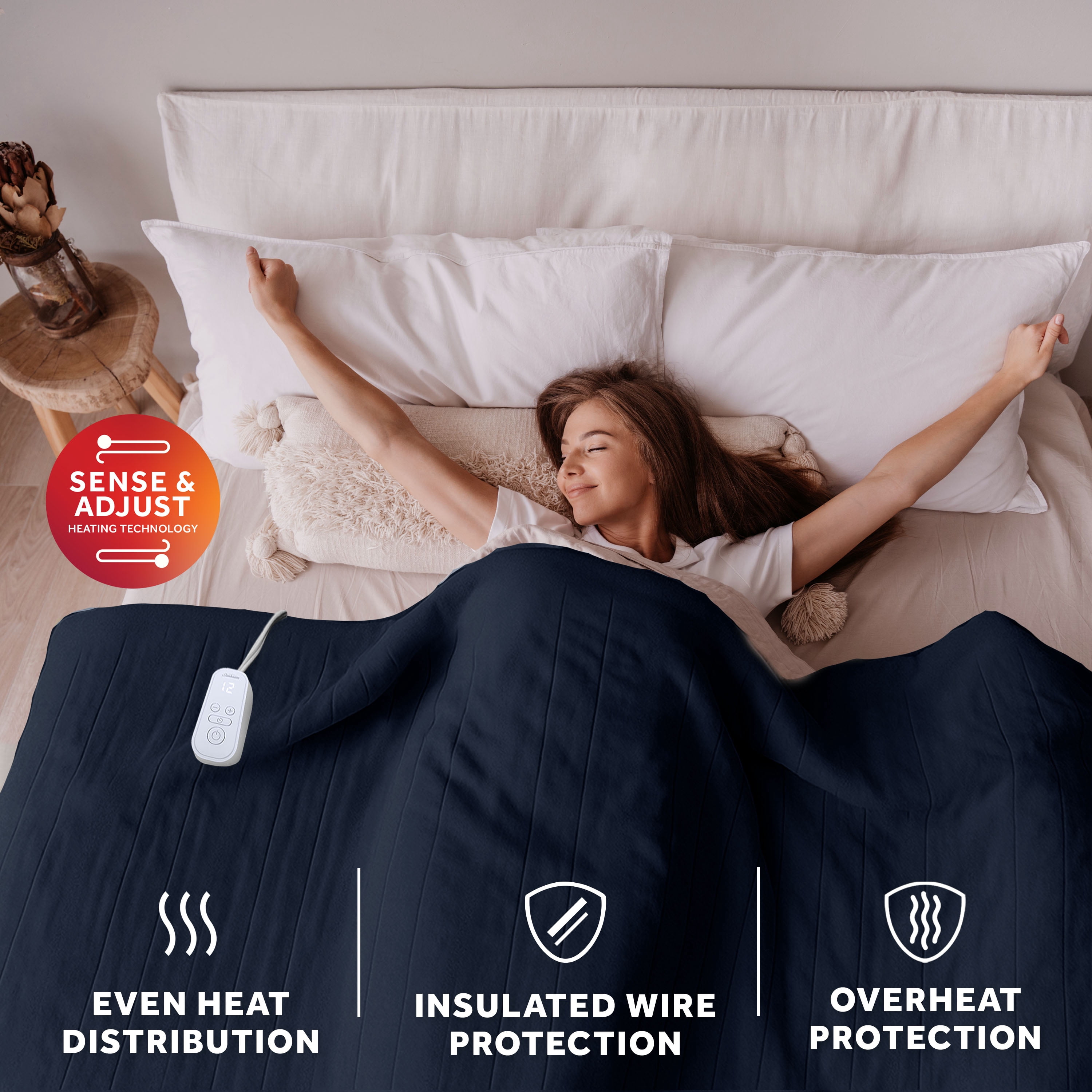 Sunbeam Heated Electric Microplush Bed Blanket, Poseidon Navy, Full Size, 12 Heat Settings, 72 x 84 in