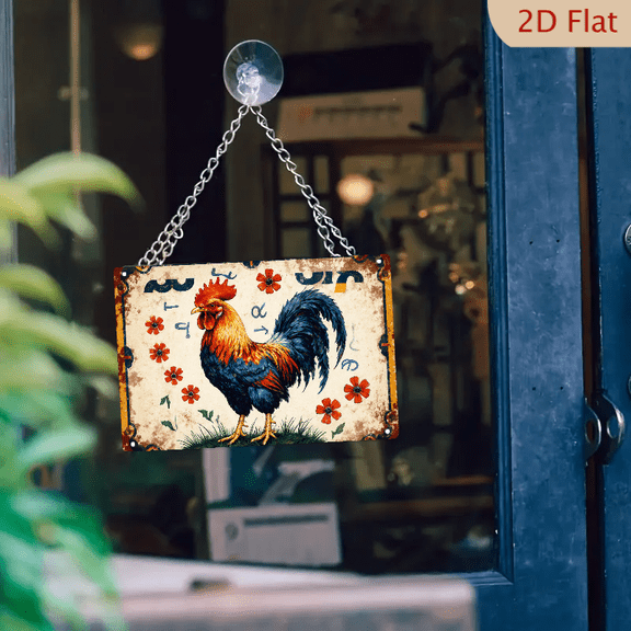 1pc Metal Wall Art, 8x12 Inches, Vintage Rooster with Hebrew Letters and Floral Motifs, Rustic Farmhouse Decor for Kitchen, Barn, Home, Cafe, Garden, Distressed Border Poster