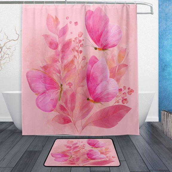 TTYFWHD 60" x 72" Shower Curtain and Bath Mat Set Crimson Butterfly Reverie Waterproof Bathroom Curtain with 12 Hooks, Bathroom Decor Set