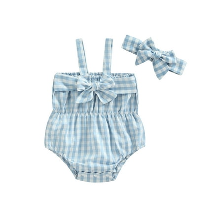 

Genuiskids Infant Newborn Girl Sleeveless Romper Bow Headband Plaid Print Pleated Decoration Summer Clothing 0-24M