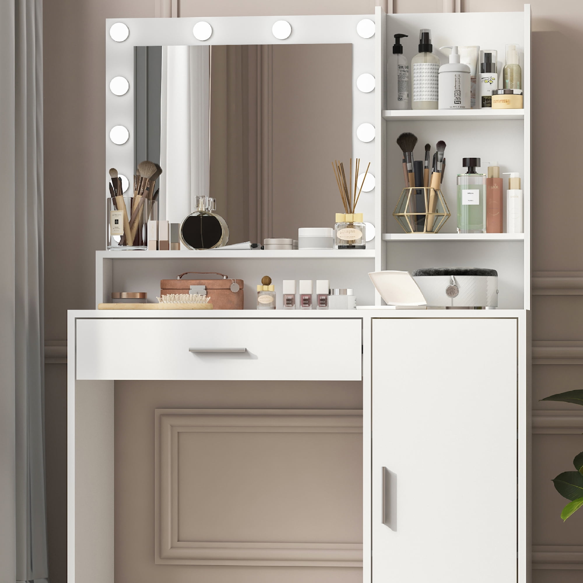 Vanity Desk with Mirror & Light,Large Makeup Vanity Table Dressing Table,3 Lighting Modes Adjustable Brightness for Bedroom,White
