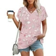thumbnail image 2 of Womens Striped T Shirts Cap Short Sleeve Summer Tops V Neck Dressy Casual Fashion Tees Plus Size Outfits (S, Pink|Floral), 2 of 5