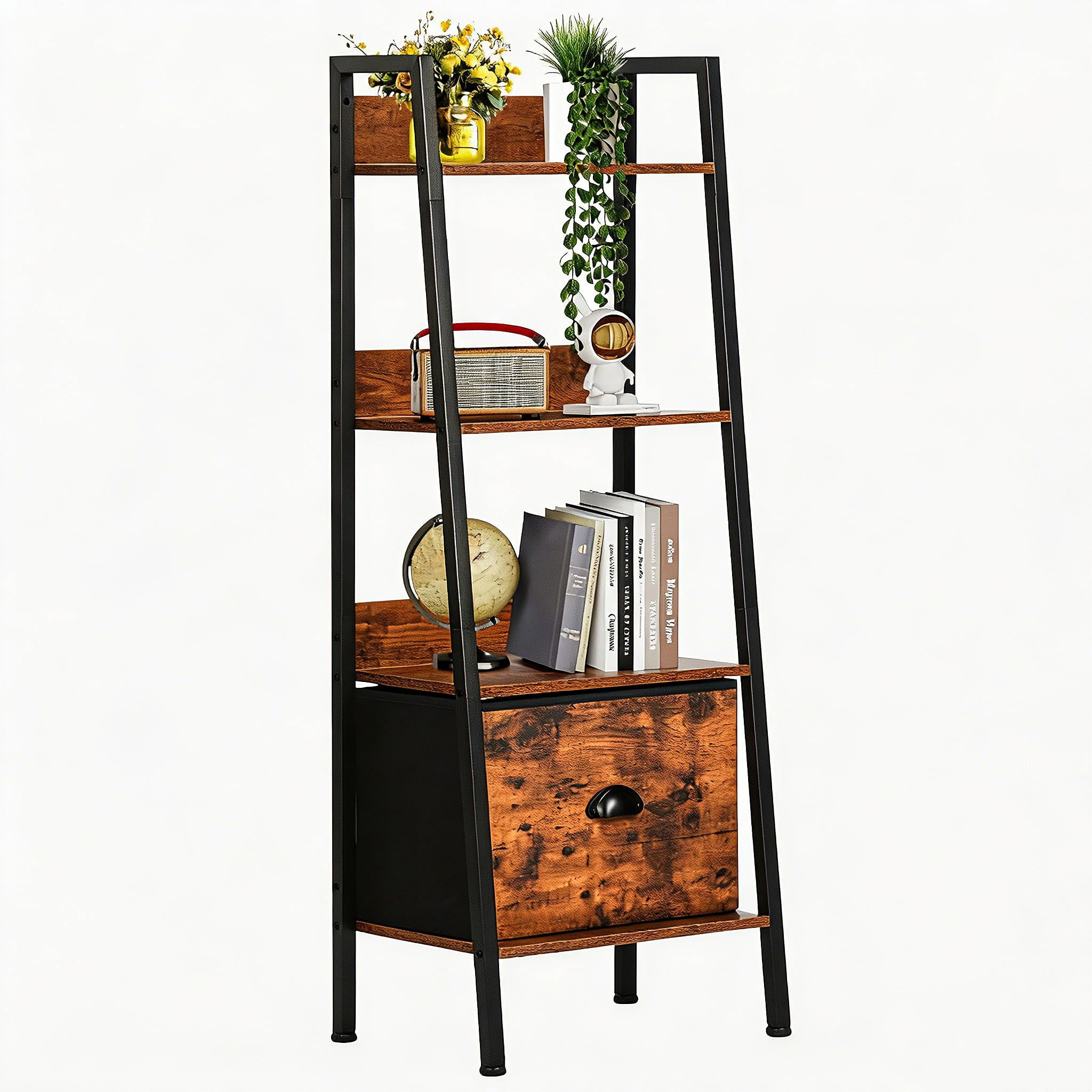 3 Tier Ladder Shelf with Removable Drawer, Bookshelf Bookcase Storage Rack Organizer, Freestanding Storage Shelf for Living Room, Home Office, Bedroom, Brown