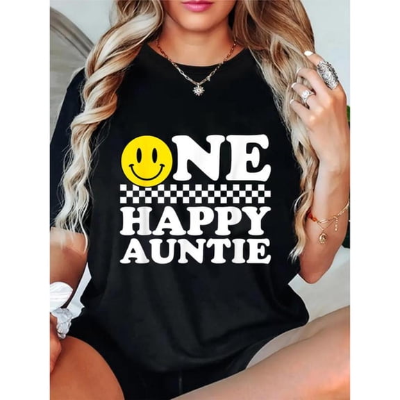 Joyful Auntie - Themed Patterned Tee,Tops Boasts "ONE HAPPY AUNTIE" Text and Smiley Face & Checkerboard Accents, Round Neck Oversized T - shirts, Size(S - 5XL)
