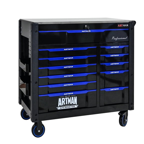 ARTMAN 12-Drawer Rolling Tool Cabinet – Heavy-Duty Steel Cart with Ball-Bearing Drawers & Locking Wheels for Workshop/Garage (Black & Blue)