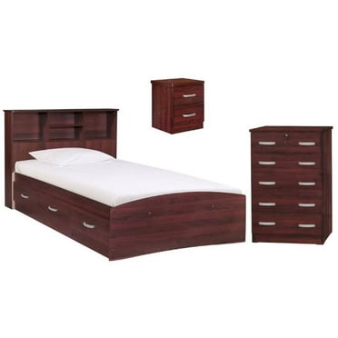 Home Square 3-Piece Set with Twin Bed Dresser with Lock & Nightstand in Mahogany