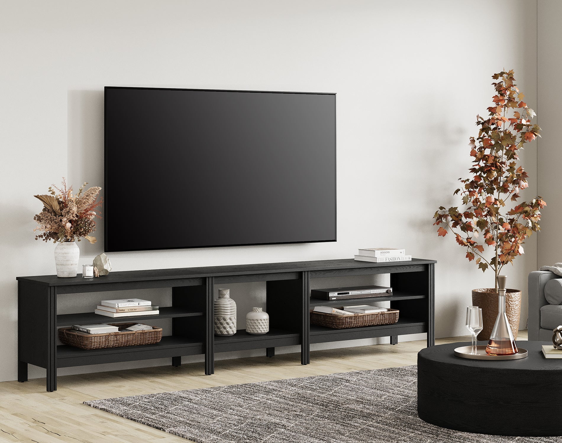 Fitueyes black TV Stand for 90 100 Inch TV Entertainment Center, Wood TV Table with Open Shelves for Living Room, 94 inch