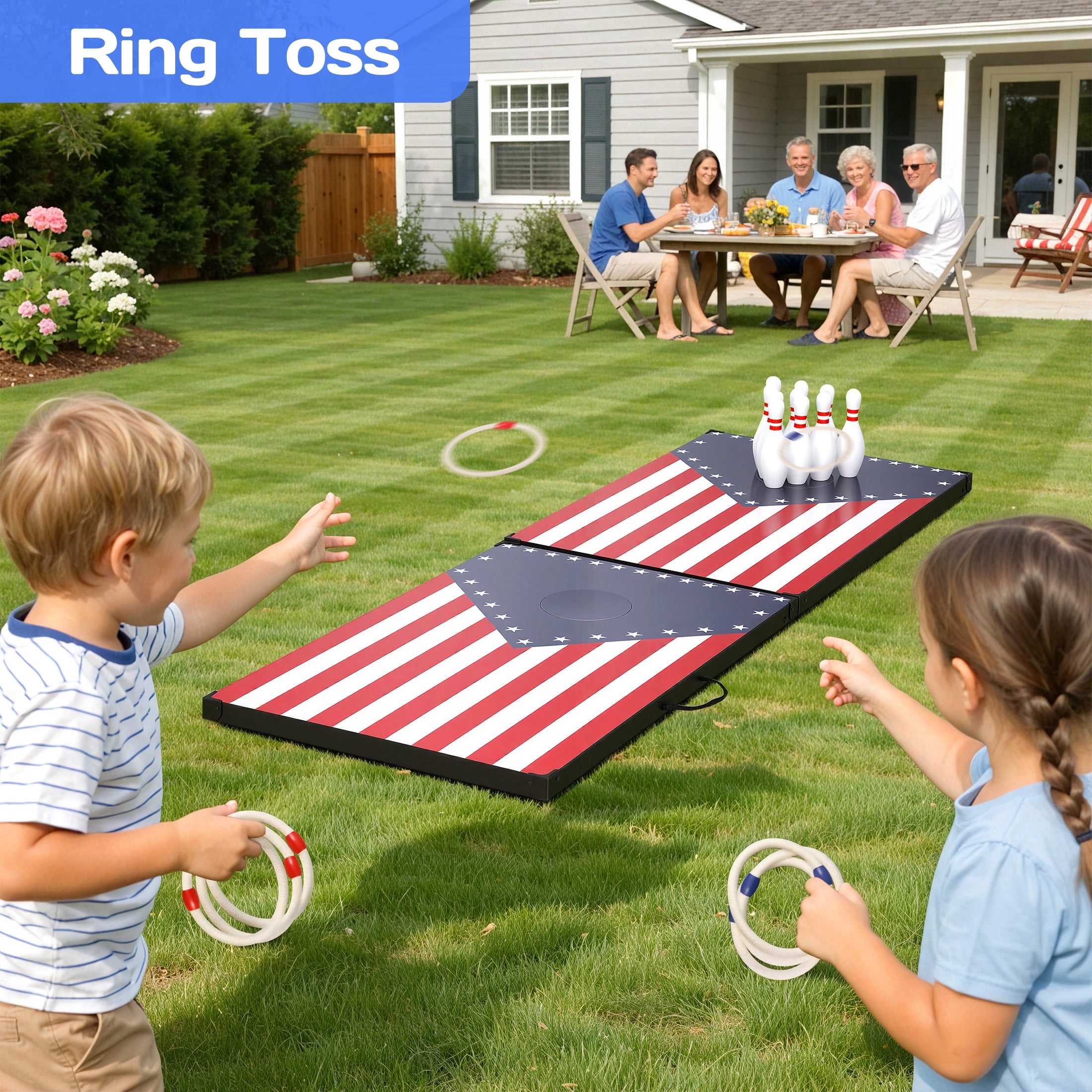 Portable Cornhole Sets with 8 Bean Bags, 3 in 1 Cornhole Boards Set with Ring Toss & Bowling Game, Segmart Wooden Cornhole Sets with Carrying Bags for Backyard, Beach, Party