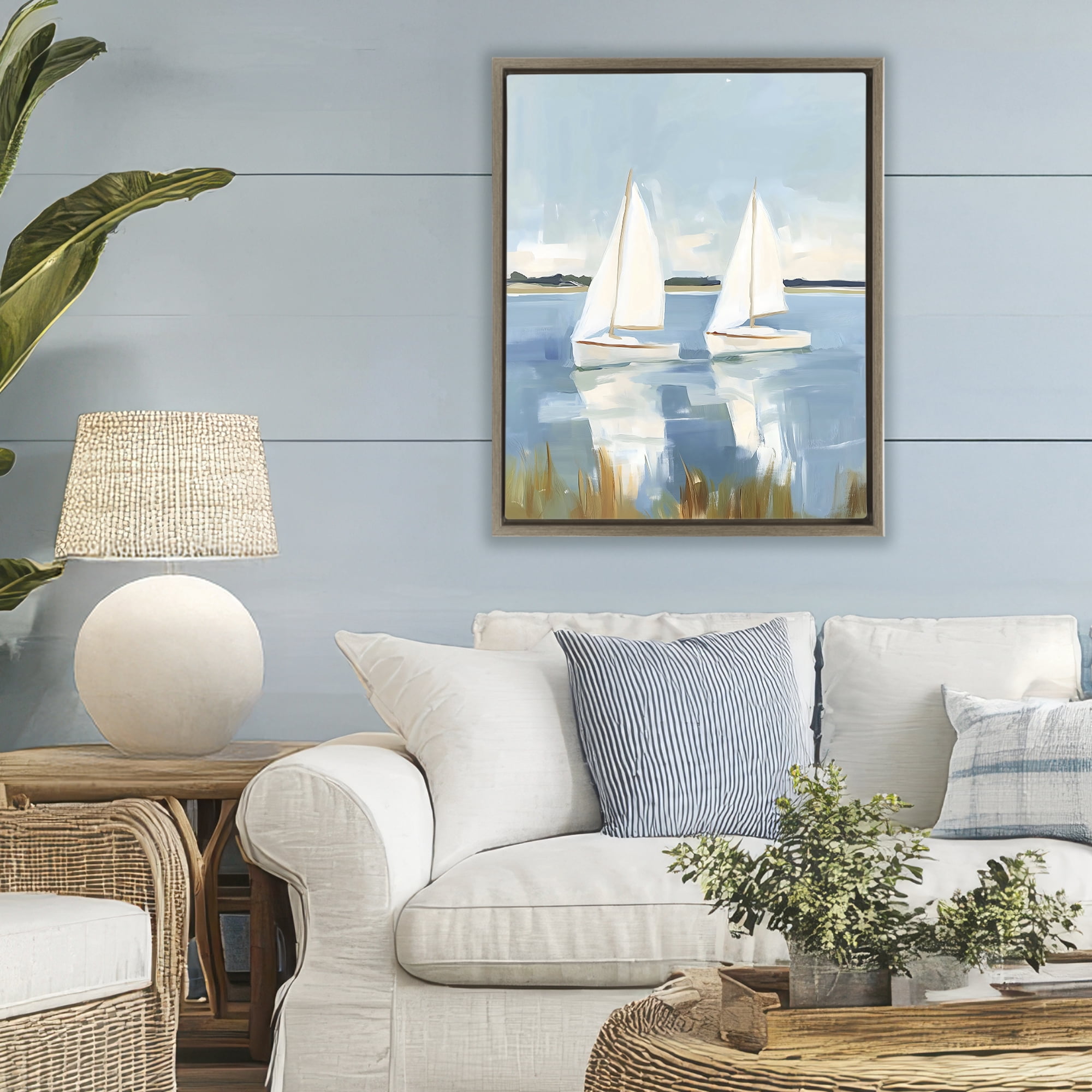 Stupell Industries Twin Sailboats By Shore Brown Framed Floater Canvas Wall Art, design by The Prints Vibe
