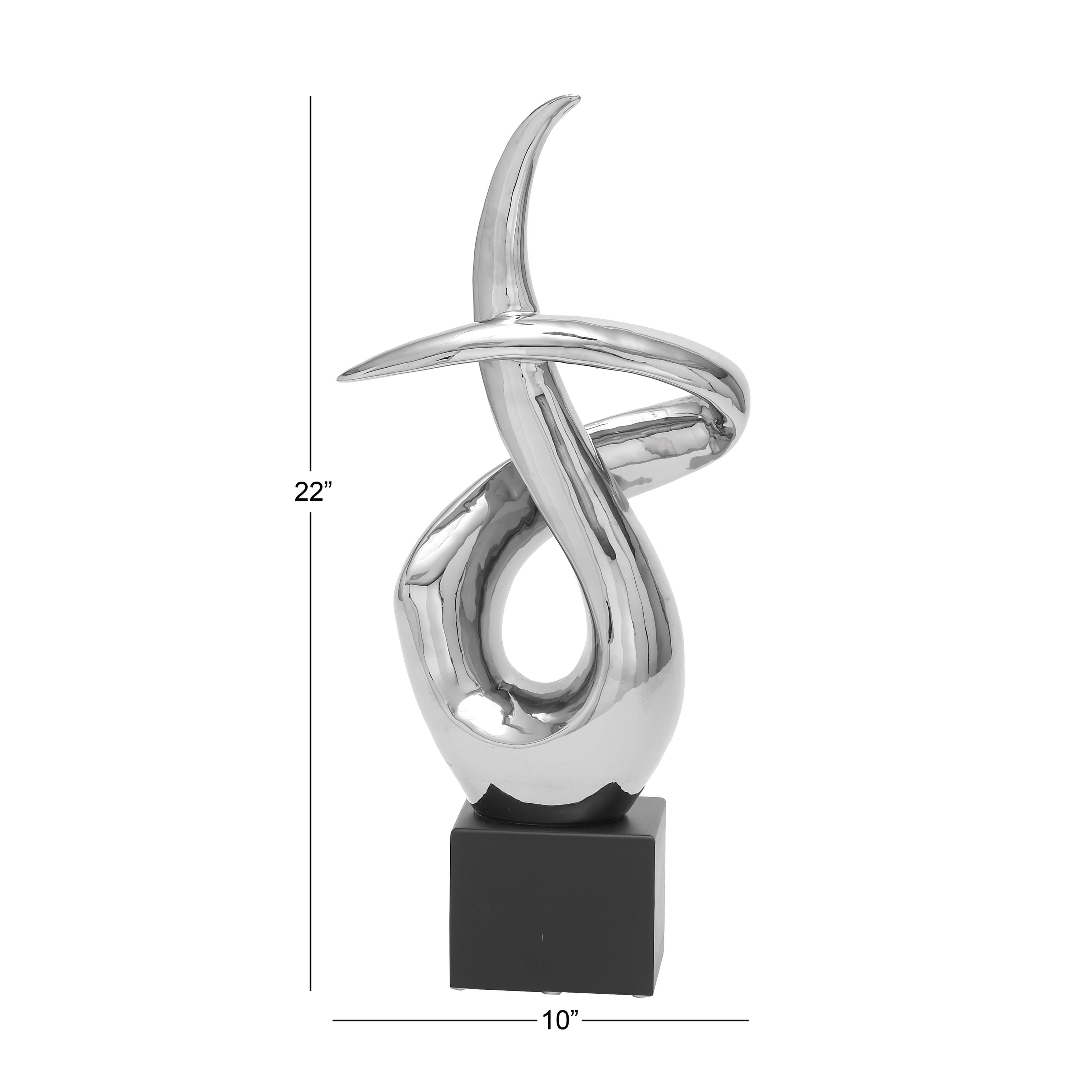 10" x 22" Silver Ceramic Swirl Abstract Sculpture with Black Base, by DecMode