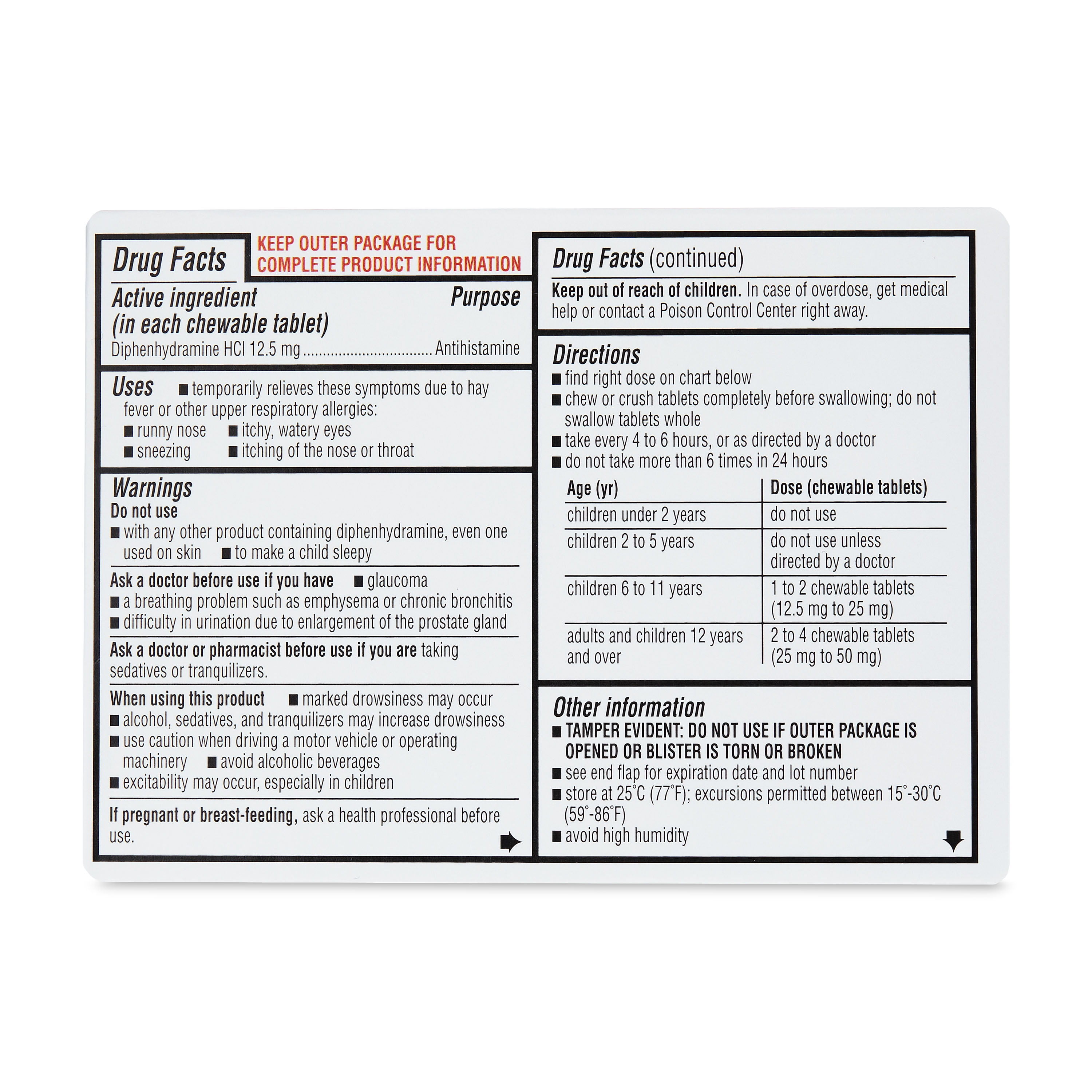 Equate Children's Allergy Relief Diphenhydramine HCl Antihistamine Chewable Tablets, Grape Flavor, 12.5 mg, 20 Count