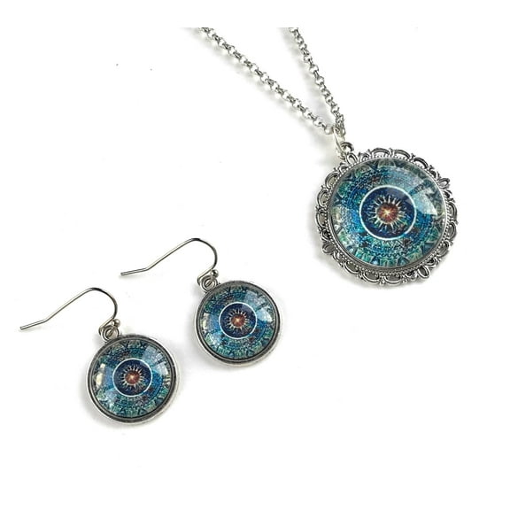 Blue Mandala Necklace and Earring Set for Women Boho Jewelry Gift for Mom Blue Pendant