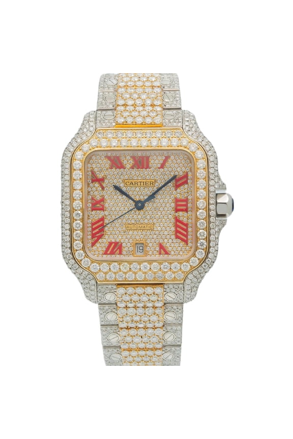 Pre-Owned Cartier Santos 39.8MM WSSA0018 Diamond Paved Champagne Roman Dial Yellow Gold Diamond Bezel Two Tone Yellow Gold Full Diamond Bracelet 18.75ct