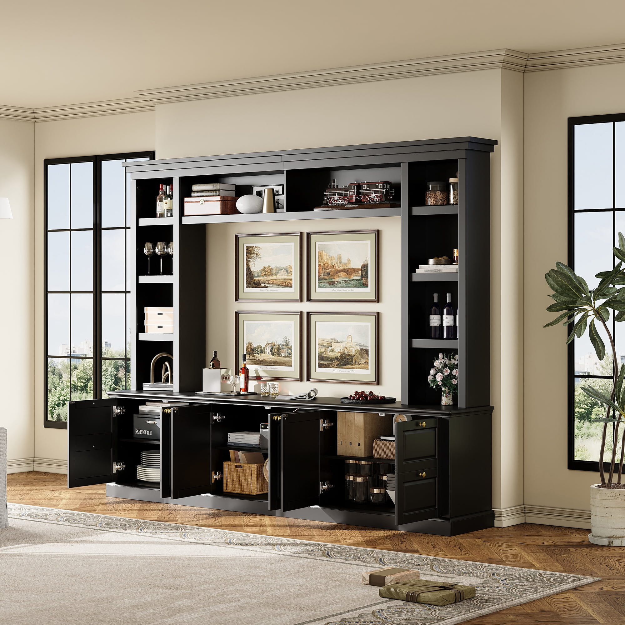 Euroco Modern TV Stand with Bookcase for TVs up to 70 inch, Entertainment Center with 3 Adjustable Shelves, for Living Room, Display Storage Cabinet, Ample Storage Space TV Stand