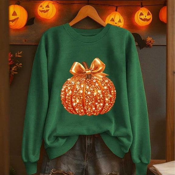 Cowsor Womens Glitter Pumpkin Print Crew Neck Long Sleeve Fleece Sweatshirt Loose Fit Fall Winter Halloween Thanksgiving Pullover Tops