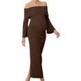thumbnail image 4 of Gyujnb Off Shoulder Maternity Maxi Dress Flare Sleeve Side Cutout Ruched Waist Stretchy Bodycon Pregnancy Party Formal Long Dress,XL, 4 of 5