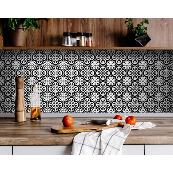 homeroots home decor 399938 7" X 7" Black and White Roka Peel and Stick Removable Tiles