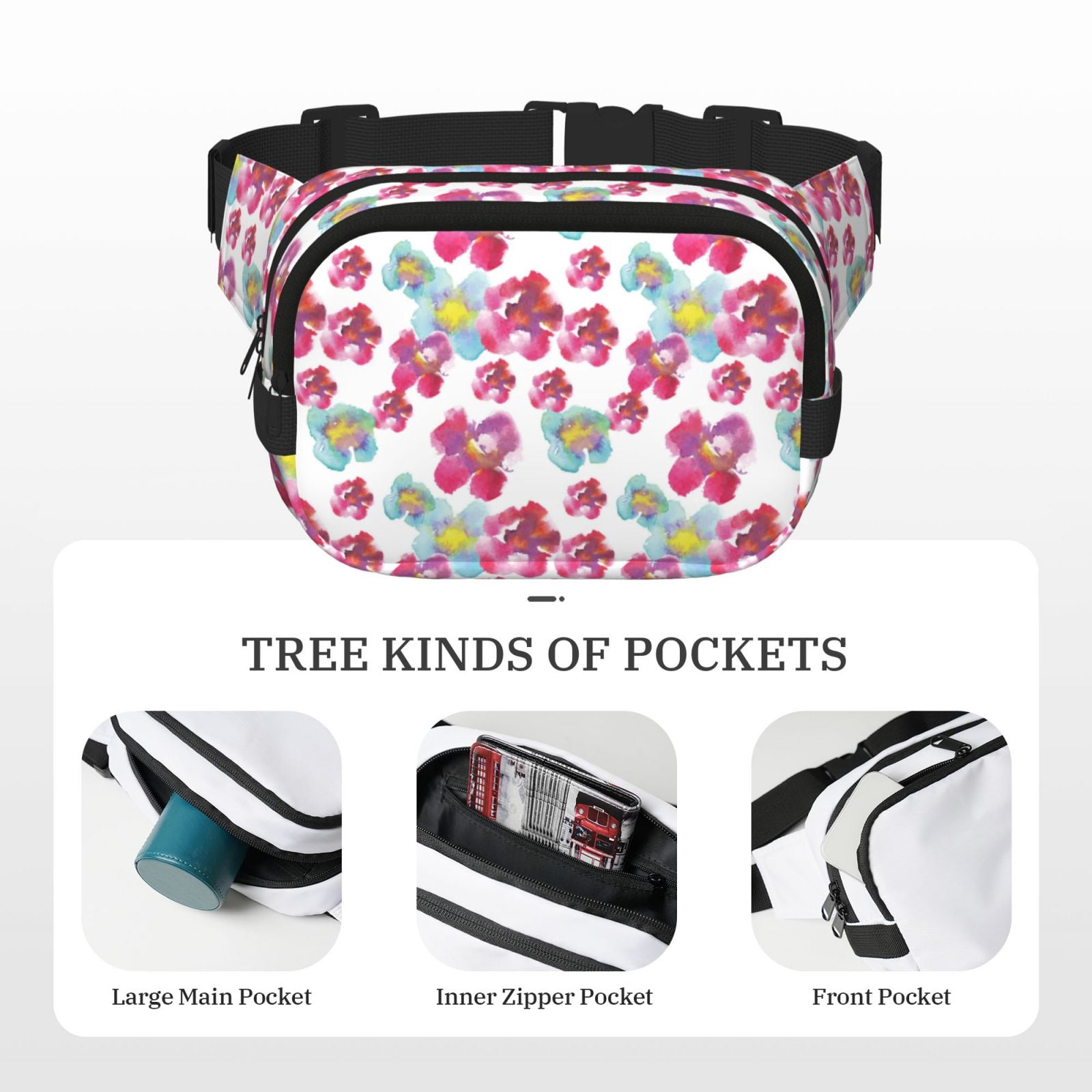 Picia Watercolor Flowers Print Square Double-Layer Waist Bag Mini Adjustable Waist Belt Bag Exercise Running Travel Hiking