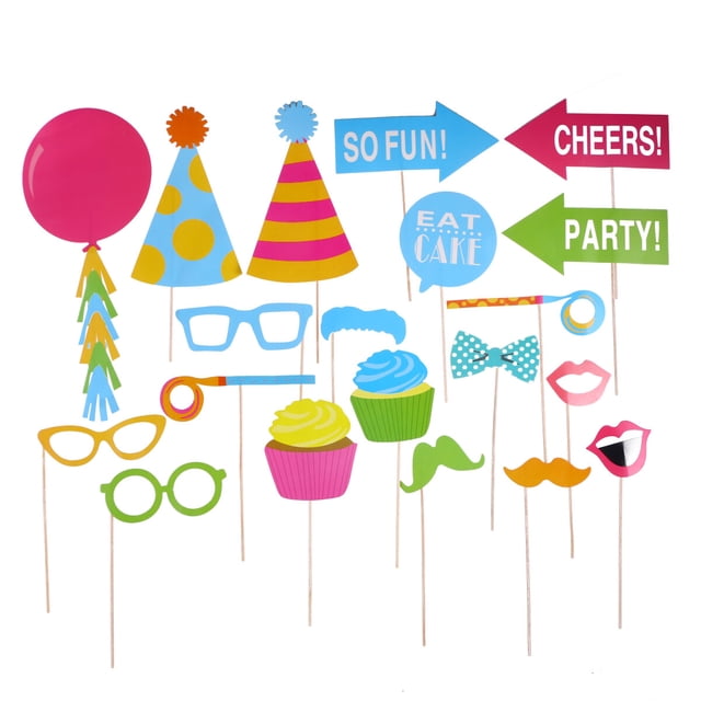 KAKOWELY Kit de 20 accesorios para fotos de cumpleaños, divertidas máscaras de papel, accesorios para selfis, globos de fiesta, recuerdos de fiesta, suministros de decoración.