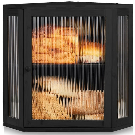 HONGBAKE Double Layer Corner Bread Box for Kitchen Counter with Height-adjustable Partition, Extra Large Black Bamboo Wooden Bread Box for Multiple Loaves, Modern Breadbox for Kitchen Countertop